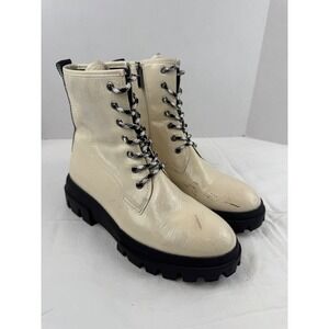Franco Sarto Womens Cream Crinkled Patent Lace Up Lug Sole Combat Boots Side Zip